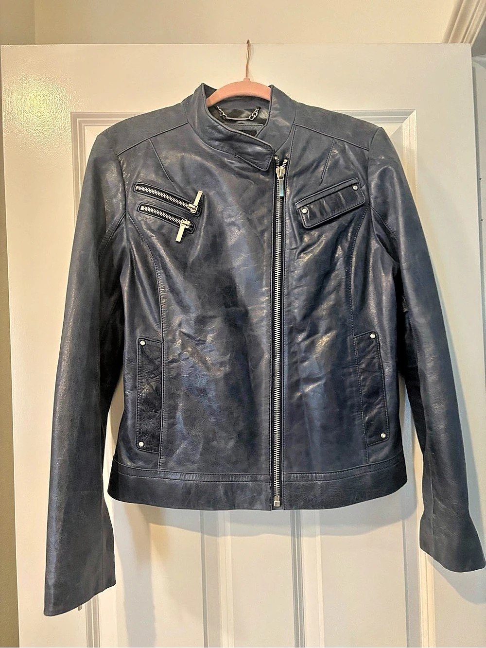 Laundry by Shelli Segal Leather Moto Jacket in Blue Size Large